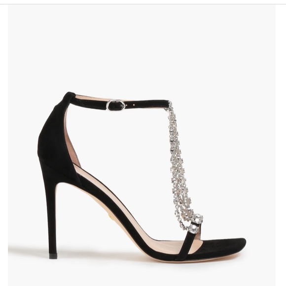 STUART WEITZMAN Stardust Black Suede Rhinestone Crystal Chain Heels Sandals - Picture 9 of 14